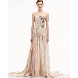 Pretty Prom Dresses Strapless Sleeveeless High Quality A Line Alliques Floor Length Court Train Celebrity Evening Gowns Girls