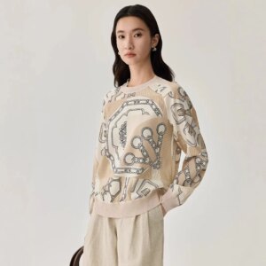 New Mulberry silk top silk round neck long sleeved printed knitted sweater, thin pullover
