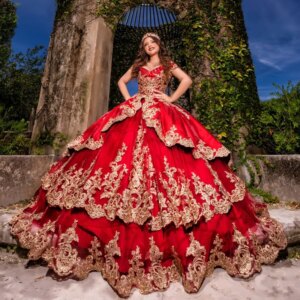 Mexican Red Quinceanera Dresses Ball Gown Gold Lace Applique Beaded Crystals Tull Corset Sweet 16 Dress Vestidos De XV 15 Anos