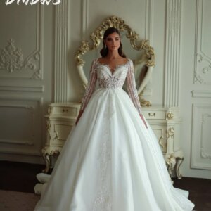 Luxurious Long Sleeve Wedding Dress 2025 Charming 3D Flower Bridal Gown Formal V-Neck Floor-Length Gown Customized