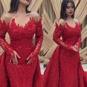 Exquisite Red Beading Evening Dresses Luxury Strapless Long Sleeveless Chapel Train Gowns Formal Occasion Bridal Dress vestidos