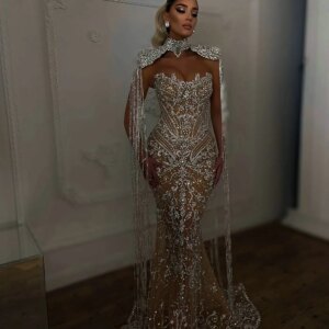 MYMB Nude Arabic Sexy Slip Mermaid Evening Party Gown Luxury Beaded Tassel Cape Sleeves Wedding Guest Dresses Customized MY30118