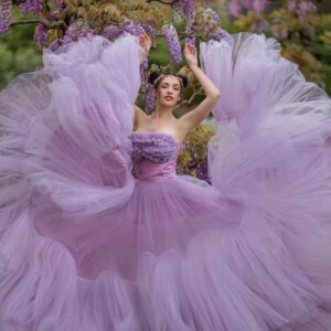 Purple Strapless Prom Dresses Chic Pleated Tulle A-Line Evening Gowns Lace Up Layered Puffy Ruched Elegant Party Dresses