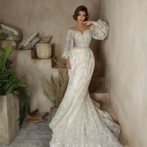 Sexy v Neck Lace Applique Gown Elegant Floor Length Puff Sleeve Bridal Gowns Classic Tulle Ball Dresses Vestidos De Novia