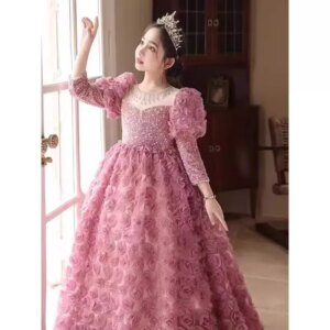 Girls dress beautiful birthday pink princess dress flower girl wedding little girl children piano performance clothes