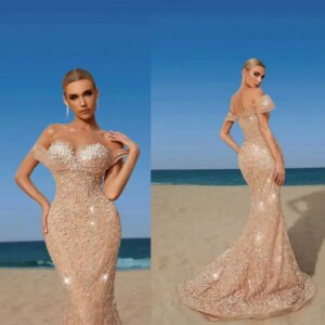Luxury Evening Dresses Off Shoulder Sweetheart Neck Sleeveless Gown Sequins Crystal Sweep Train Dress Party Customized Dress