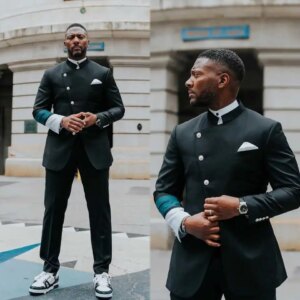 Designer Men Suits For Wedding Stand Collar Single Breasted Tuxedos Plaid Groom Party 2 Pcs Blazer Pants Customized Suit