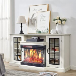 3-sided glass fireplace TV stand, suitable for TVs up to 65 inches, 12 colors, with door closed storage, poor quality white