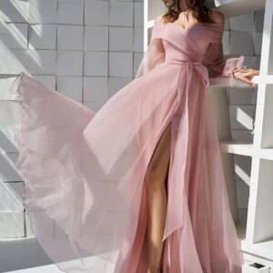 2025 Pink Off The Shoulder Prom Dresses Long Sleeves Sweetheart High Split Ball Gown Formal Party For Women Vestidos De Gala