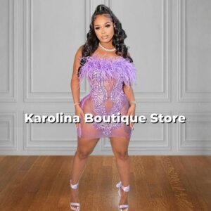 Strapless Lilac Feathers Prom Dresses Black Girl Beaded Rhinestone See Thru Sexy Party Dress Mini Cocktail Homecoming Customized
