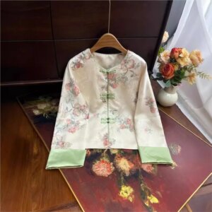 National style new Chinese satin jacquard coat morning button round neck blouse female temperament loose cardigan