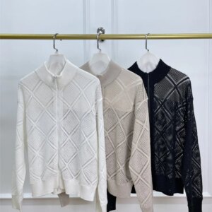 Women Hollow Long Sleeve Cardigan Sequined Zipper Knitted Top Jacket