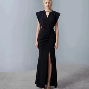 V-Neck High Slit 2024 New Summer Women’s Maxi Black Satin Prom Dress Sleeveless Fashion Elegant Celebrity Vintage Partcustomized