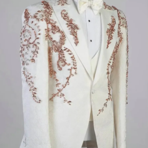 White Jacquard Weave Evening Party Men Suits Crystal Beading Two Pieces Blazer Groom Wear ( Jacket + Pants )