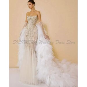 Feather Fairy Evening Dresses Gorgeous Strapless Lace Strapless Sleeveless Court Train Sparkle Crystal Wedding Marry Gowns