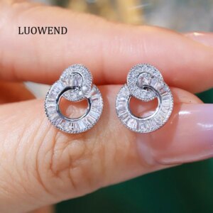 LUOWEND 100% 18K White Gold Earrings Women 0.60carat Real Natural Diamond Stud Earrings Luxury Round Design High Party Jewelry