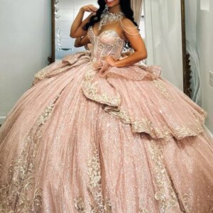 Pink Shiny Quinceanera Dresses Off Shoulder Ball Gown Sweet 16 Dress Applique Lace Beads Bow Birthday Party Vestidos 15 De Anos