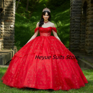 Customized Embroidery Decal Quinceanera Dressehollow Out Scoop Neck Flounce Sparkle Gauze Gown vestidos de 15 quinceañeras