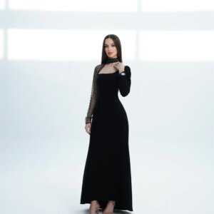 Customized High Quality Black Jersey Evening Dress Temperament Sequined Draped Square Collar Long Sleeves Special Occasion Gowns