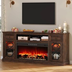 Farmhouse 70″ Fireplace TV Stand with 37″ Electric Fireplace, Large LED Entertainment Center with Storage for 80″ TVs