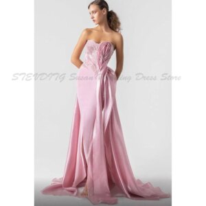 Design Prom Dresses Women Strapless Alliques Pink Elegant Classic Floor Length Court Train Fit Formal Custome Party Gowns
