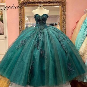 2025 Green Off The Shoulder Quinceanera Dresses Lace Appliques Elegant Prom Brithday Party Ball Gown Beading Vestido De 15 Anos