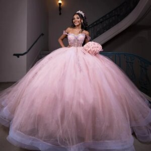 Customized Shiny Pink Off Shoulder Quinceanera Dress Lace sequin applique crystal 3D flower vestidos de 15 Quinceanera