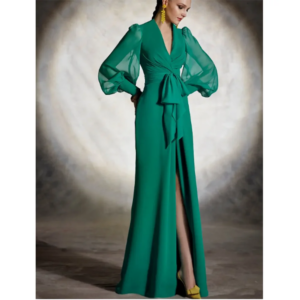 Elegant Green Women Prom Dresses V-Neck Floor Length Full Sleeves Side Split Sexy Side Split Bow Pretty Female Party Gowns