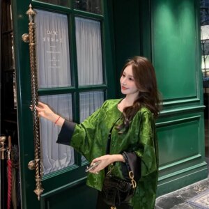 New Chinese style acetic acid jacquard short coat blouse