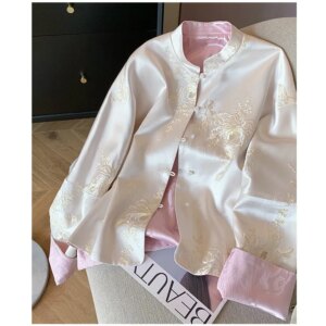 New Chinese style embroidery satin stand collar coat feminine thin top