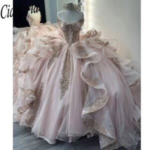 Pink Off The Shoulder Ruffles Quinceanera Dresses Ball Gown Gold Appliques Lace Sweet 15 Años Mexican Customized