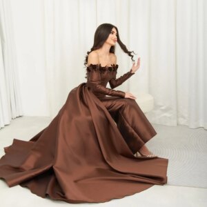Customized Strapless Brown Satin Ankle Length Evening Dress Watteau Train Flower Prom Gown Backless Straight Pleat Party Dress