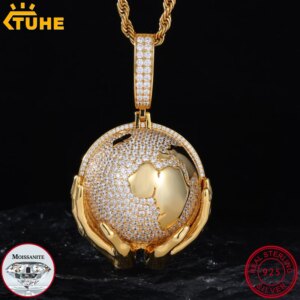 TUHE Unisex 925 Moissanite Hip Hop Jewelry Earth Pendant Necklace S925 Silver For Men Hip Hop Jewelry