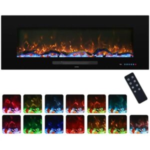 Electric Fireplace Insert Recessed 50″ Wall Mounted Heater Remote Control Colorful Flame & Fuel Set Dimerurable Metal Glass Home