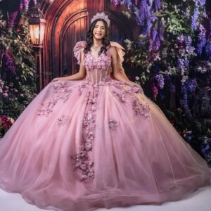 Customized Shiny Pink Quinceanera Dress Off Shoulder applique 3D flower crystal Lace Long tail vestidos de 15 Quinceanera
