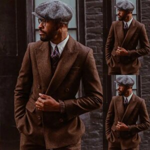 Formal Classic Tweed Suits For Men Slim Fit Groom Wedding Tuxedo Pants Sets Peaked Lapel Custom Made Party Business Wear 2 Piece