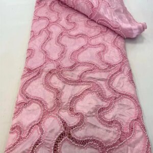 New African Beads Lace Fabric 2025 High Quality Material Nigerian Pink Cord Lace Fabric for Party Dress Sewing Material Q467 -1