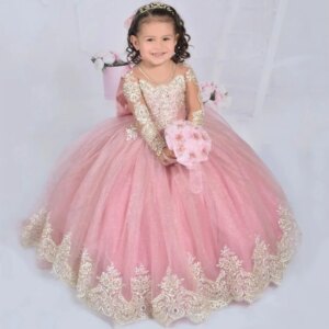 Pink Customized Flower Girl Dresses Gold Flory Appliques With Bow Long Sleeve For Wedding Birthday Party Holy Communion Gowns