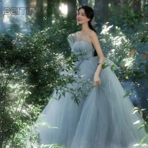 Princess Style Customized Evening Dresses for Women Wedding Party Strapless Slimming Lace Maxi Party Dress Vestidos De Fiesta
