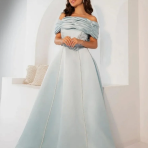 Satin Boat Neck Blue Pearls Customize Formal Occasion Prom Dress Evening Elegant Vintage Sweet Beading Ruffle Party Gowns
