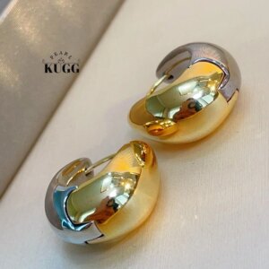 KUGG 100% 18K White+Yellow Gold Earrings Elegant OL Style Exquisite Hoop Earrings for Women High Wedding Jewelry
