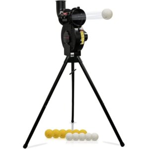 Launch F-lite Softball & Baseball Pitching Machine, Dimpled Practice Balls, Bucket of Baseballs, Coaching Bucket Bundle