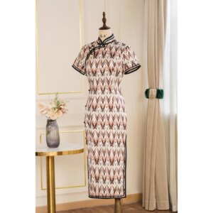 Printed Double Strips High Quality Real Silk Cheongsam Qipao Women Dress Everyday Fashion Banquet