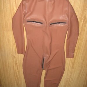 nature handmade glued latex brown catsuit with breat zipper real photo