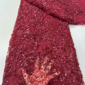 Wholesale High Quality African French Beaded Lace Fabric 2025 Sewing Sequins Embroidery Nigeria Lace Fabric for Party Dresses