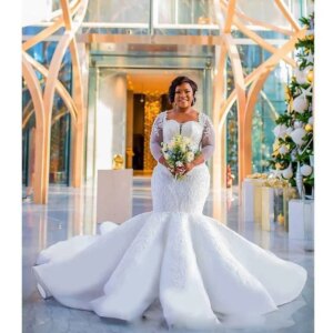 Lace Appliques Plus Size Sheer Long Sleeves Bridal Gowns Satin Sweep Train Wedding Vestido South African Mermaid Wedding Dresses