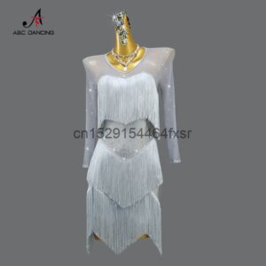 2024 New Grey Latin Dance Competition Performs Dresses Professional Advanced Dance Fringe Flower Dress Solo Girl