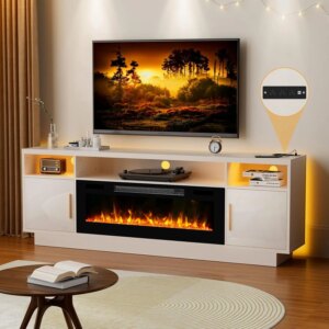 70” TV Stand with 36” Fireplace-LED Light Entertainment Center for 75+ inch TV-White TV Cabinet with Storage