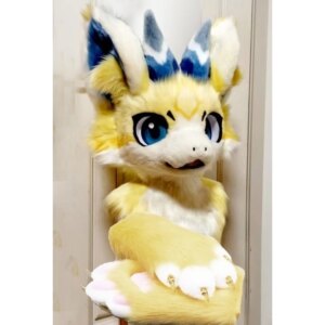 Yellow Fursuit Long Fur Husky Fox Mascot Head Party Halloween Fur Cosplay