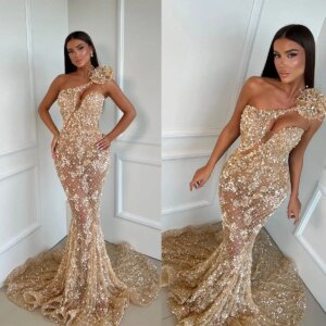 Fancy Mermaid Evening Dresses Sequine Beading Prom Gowns One Shoulder Party Dress Illusion Custom Made vestidos de fiesta